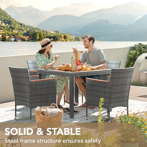 Devoko 5 PCS Furniture, Patio Conversation Set with Acacia Wood Top, Rattan Outdoor Dining Table and Chairs for Backyard, Garden, Deck, Grey - color: Grey, style: 5 Piece Dining Set