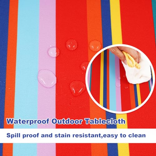 SquarePie Outdoor Tablecloth with Umbrella Hole and Zipper Rectangle Waterproof Spillproof Table Cloth for Spring Summer Picnic Patio Garden Poolside Camping, 60x84 inch Color Stripe - color: Color Stripe, size: 84" x 60" (Rectangular)