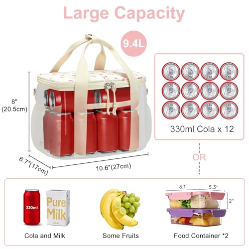 BTOOP Insulated Lunch Bag for Women, Cute Leakproof Lunch Tote, Large Capacity Aesthetic Lunch Box Bag with Shoulder Strap for Work, School, Picnic Pink Bow Floral - color: Pink Bow-Floral, size: Medium