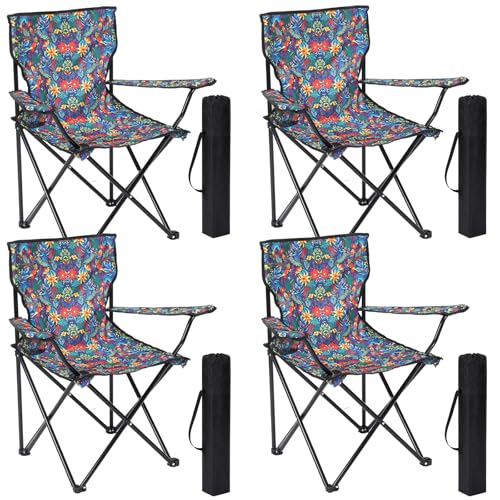 4 Pcs Folding Camping Chairs with Tropical Pattern Portable Outdoor Chairs with Armrests & Carry Bags, Travel Lightweight Installation-Free Chair for Camping, Picnic & Beach(Floral Jungle) - style: Floral Jungle