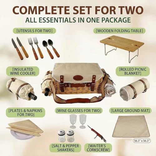 Multifunctional Wicker Picnic Basket Set for 2 Adults with Picnic Table and Blankets,Large Insulated Picnic Set with Wine Pouch and Full Tablewares for Camping Outdoor Couples Natural Beach Wedding - color: Nature2