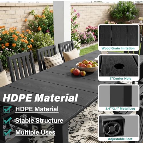 11-Piece Patio Dining Set, Outdoor Dining Set for 10, HDPE All-Weather Outdoor Furniture with 89.57” Umbrella Hole Table, 2 Armchairs & 8 Armless Chairs, Black - color: Black, size: 2 Armchairs & 8 Armless Chairs