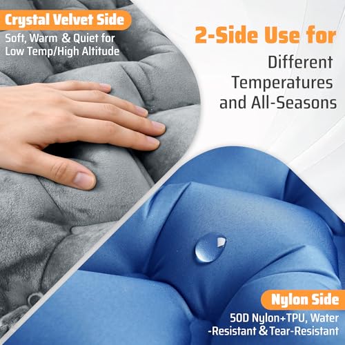 4" Thick Double-Sided Inflatable Sleeping Pad | Warm Crystal Velvet Top for Cold Weather, Waterproof Nylon Bottom | All-Season Camping Mattress for Backpacking, Hiking, Tent & Car Travel - color: Crystal Velvet Grey+blue Nylon