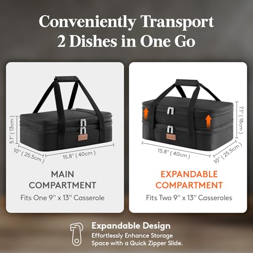 Lifewit Insulated Double Decker Casserole Carrier, Expandable Lasagna Lugger Tote Bag for Hot or Cold Food, Fits 9" x 13" Baking Dish for Potluck Parties, Picnic and Cookouts, Black - color: Black