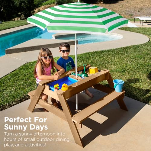 Best Choice Products Kids 3-in-1 Sand & Water Table, Wood Outdoor Convertible Picnic Table w/Umbrella, 2 Trays, Removable Top - Green - color: Green
