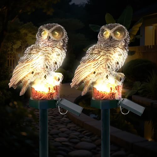 2 Pack Owl Figure Solar LED Lights, Resin Garden Waterproof Decorations with Stake for Outdoor Yard Pathway Outside Patio Lawn Decor (Brown)