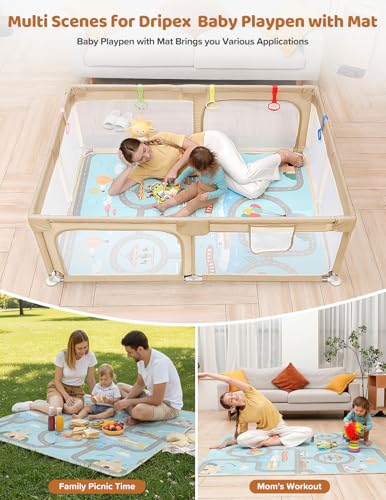 Dripex Baby Playpen with Mat, 71"x47" Play Pen for Toddlers 1-3 Years, Soft Breathable Visible Mesh, Indoor/Outdoor Portable Play Yard with Mat, Safe Baby Fence Play Area, Beige - color: Beige, size: 71"×47" with Mat