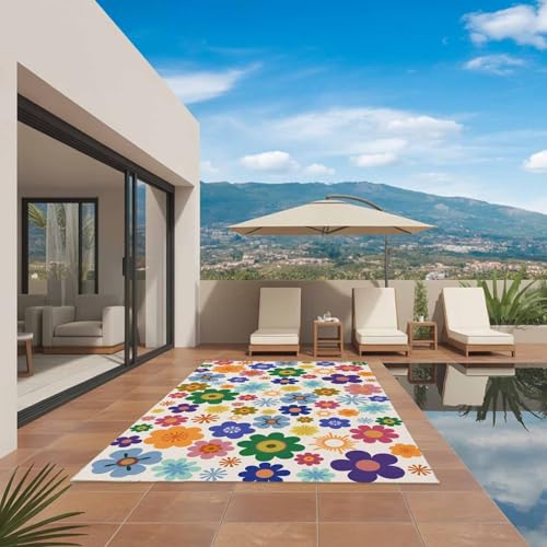 Retro Bohemia Floral Outdoor Rug 4' x 6', Blue Purple Flowers Boho Style Beige Washable Area Rug for Outdoor Indoor, Non Slip Outside Large Rugs Carpet for RV Patio Backyard Picnic Camping Porch Deck - size: 4' x 6' (Rectangular)