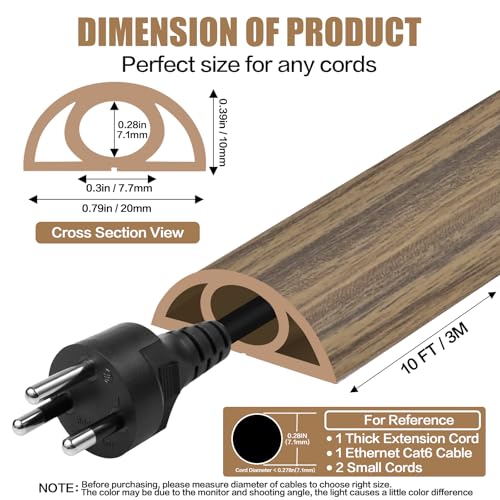 Floor Cord Cover Self Adhesive Cord Hider,10FT Cable Management, Extension Strip Protector for Wires, Prevent Cable Trips for Offices, Gyms, Exhibitions Cavity:0.3"(W) x0.28(H) Woodsmokedbrown - color: Wood smoked brown, size: 0.78" x 10'