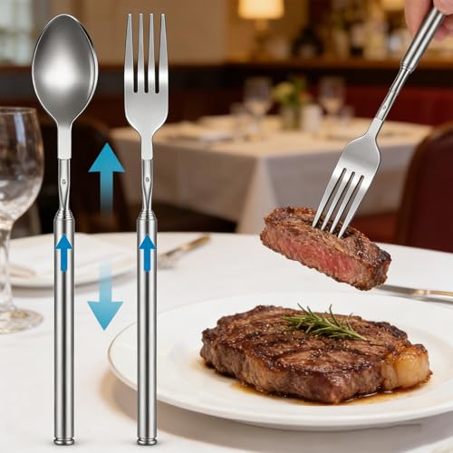 2 Pcs Extendable Fork Spoon Set 8.7 to 25.5in Stainless Steel Telescoping Long Dinner Tableware for Thanksgiving Gifts Barbecue Toasting Fruit Dessert (Silver) - color: Silver