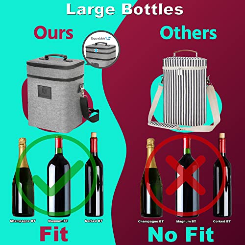 HAMILO 4 Bottle Wine Carrier - Gray, Champagne Carrier Bag, Waterproof Wine Tote Bag with Expandable Zipper and Padded Shoulder, Insulated Wine Bag, Wine Cooler Bag, Wine Accessories Gift for Women