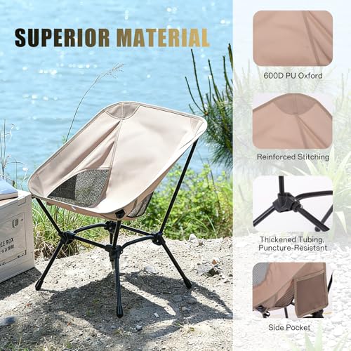 Ultralight Folding Camping Chair, 2-in-1 Height Adjustable, Square Frame for Stability, Quick Setup for Hiking Beach Fishing Motorcycle Travel - color: Khaki - Low Back