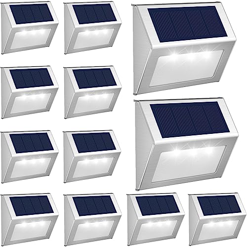 JSOT Outdoor Fence Lights,12 Pack Solar Powered Deck Lights Waterproof Stairs Light Stainless Steel Security Wall Lamps for Step Walkway Patio Garden Pathway - Cool White - color: Cool White-12Pack