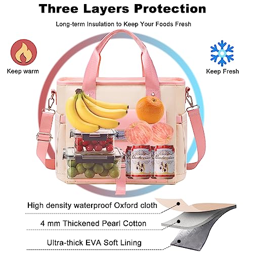 Weitars Insulated Lunch Bag for Men Women,Leak Proof Lunch Box for Work,Extra Large Lunch Tote Bag With Removable Shoulder Strap with Side Pockets,Reusable Lunch Bag For Picnic Hiking - color: Beige/Pink