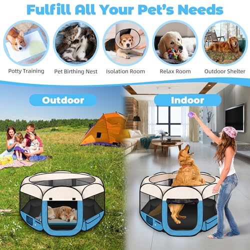 Dog Playpen 45", HOMAGICO Pet Playpen for Indoor Cats Enclosed, Portable Dog Cage Outdoor Tent Crate with Carrying Case, Water-Resistant and Removable Shade Cover, Blue - color: Blue