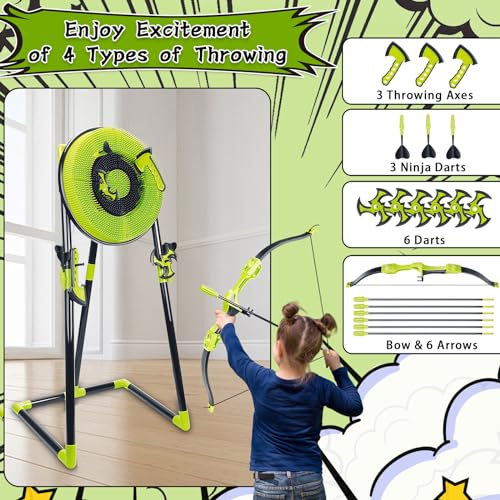 Axe Throwing Game for Backyard - Outdoor Games for Kids Adults Family - Bristle Target, Bow & Arrow, Throwing Axes, Ninja Stars Darts Includes - Archery Games for Yard Lawn Carnival - color: Green, size: 18'' Bristle Target