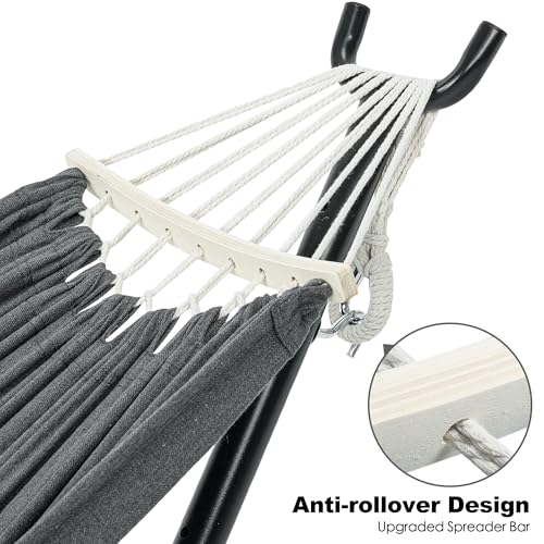 GAFETE Double Hammock with Stand for Outside, Upgraded Spreader Bar, Heavy Duty Space Saving Steel Stand 2 Person, Side Pocket, Easy Assembly, 600lbs Weight Capacity, Indoor & Outdoor (Dark Grey) - color: Dark Grey