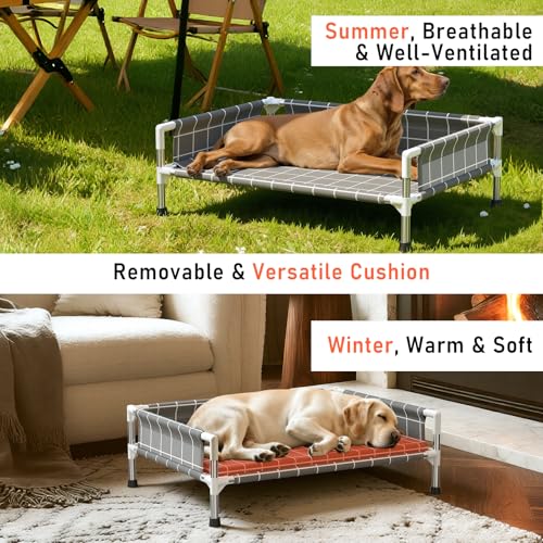 Elevated Dog Bed with Three-Sided Fence and Removable Cushion - Anti-Slip Feet, Stable Design, Easy Assembly, Indoor Relaxation & Outdoor Activities for Meduim Dogs, All-Season Comfort - size: Cushion-M