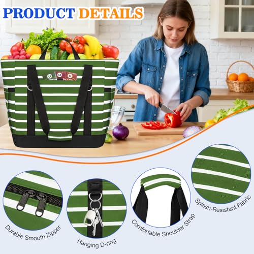 HUANLANG Soft Cooler Bag Insulated for Travel,Large Insulated Grocery Bags with Zippered Top,PEVA Collapsible Food Delivery Cooler Bag for Beach, Travel, Picnics - color: Army green and white stripes