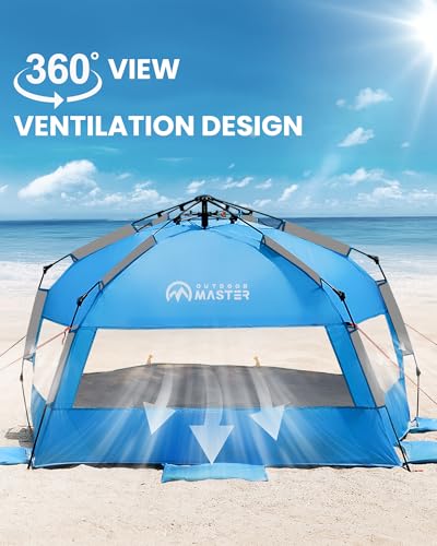 OutdoorMaster Beach Tent with Blackout Shelter Technology, Portable Sun Shade Shelter 4 Person, Pop Up Beach Tents with UPF 50+ UV Protection, 9.5mm Thick Pole, 3 Ventilating Mesh Windows -Blue - color: Blue