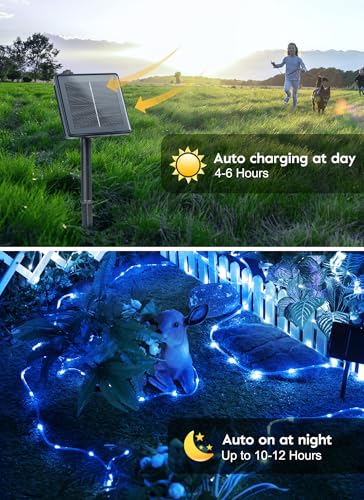 Brightown Solar String Lights Outdoor, 39FT 100 LED Rope Lights Solar Powered with 8 Lighting Modes, Waterproof Solar Patio Lights, Solar String Lights for Outside Tree Yard Halloween Decoration, Blue - color: Blue, size: 100 LED