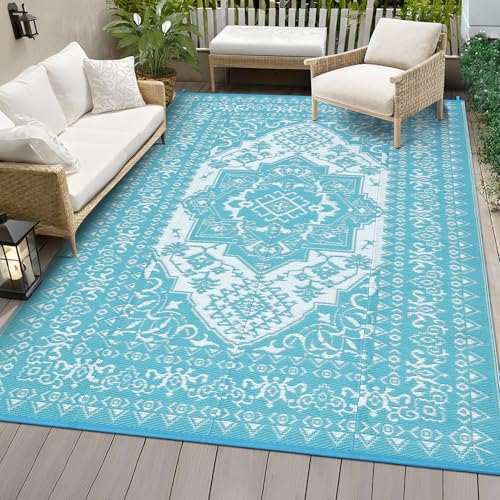 GarveeLife Waterproof Outdoor Rug for Patio 9x12 Reversible Outdoor Plastic Straw Rug, Vintage Medallion Carpet, RV Mat for Deck, Balcony, Camping, Beach, Picnic, Light Blue and White - color: Medallion|light Blue, size: 9' x 12' (Rectangular)