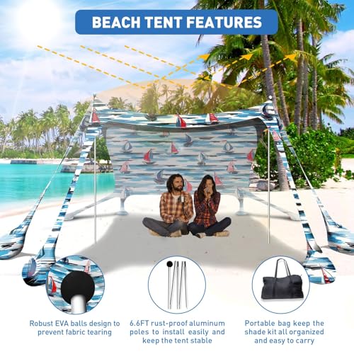 Beach Tent Sun Shelter 10x10ft Beach Canopy Easy Pop Up Sun Shade Portable UPF50+ with 8 Sandbags-2 Sand Shovel-4 Aluminum Poles-Ground Pegs for Outdoor Family Camping Fishing Backyard Picnic - color: Ocean Sailing, size: 10x10 FT 4 Pole