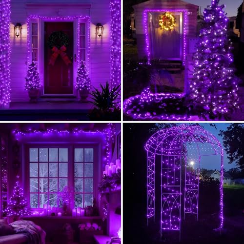 YEGUO 4 Pack Purple Solar Fairy Lights, Each 33ft 100 LED Christmas Lights Outdoor Waterproof, 8 Modes Sliver Wire Solar String Lights - color: Purple