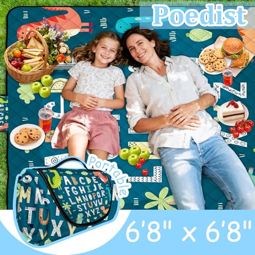 Extra Large Picnic Blanket Waterproof,80"x 80"Foldable Machine Washable Beach Blankets,Outdoor Blanket for 6-8 Adults,Picnic Mat Suitable for Indoor Crawling,Park Beach,Camping,Hiking,Travel( Blue) - color: Blue Abc Letters, size: 6'8" x 6'8" (Square)