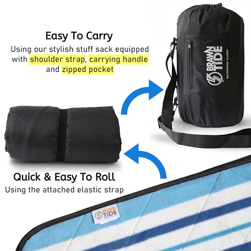 BRAWNTIDE Large Outdoor Waterproof Blanket - Extra Thick Fleece, Warm, Windproof, Sandproof, Quilted, 82" x 55", Ideal for Beaches, Picnics, Camping, Stadiums, Dogs, Car - color: Azure Blue