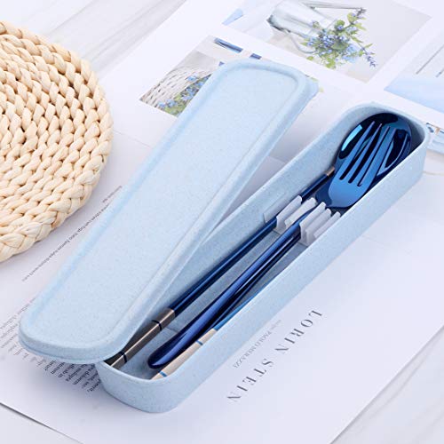 3 PCS Stainless Steel Travel Camping Flatware Set Fork Spoon Chopsticks with Portable Case, Blue - color: Blue