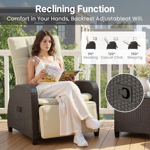 Green4ever 2-Peices Outdoor Patio Recliner with Adjustable Backrest, All-Weather Wicker Patio Chair with Side Table, 160° Lay Flat Patio Reclining Lounge Chair for Garden Backyard, Beige - color: Beige, size: 3 Pieces