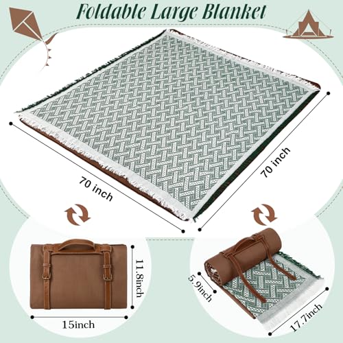 VitalCozy Waterproof Picnic Blankets 71×71 inch Outdoor Blanket Foldable 2 in 1 Double Layer Sandproof Beach Mat with Carry Strap for Camping Lawn Park Beach Grass(Green) - color: Green White
