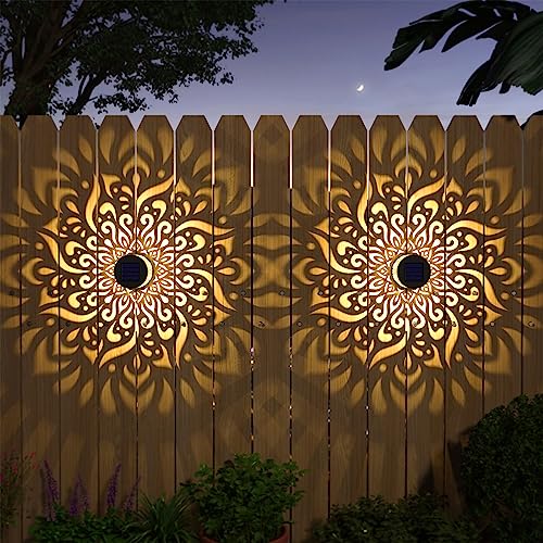 gardencave 4 Pack Solar Fence Lights Metal Solar Powered Outdoor Wall Deck Step Lights Mandala Theme Waterproof Fence Light for Garden Post Patio Backyard Decor (4 Pack) - color: Mandala, size: 4 Pack
