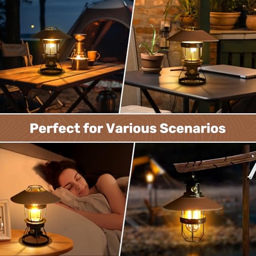 Metal LED Retro Camping Lantern, 2-in-1 Hanging/Standing, Dimmable, 3500mAh Rechargeable, Water Resistant, Brown - style: Retro Black