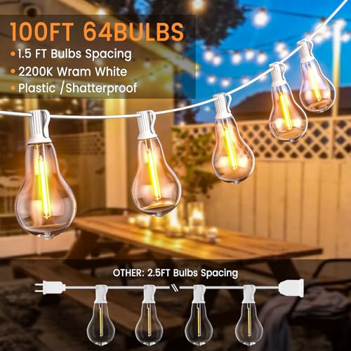 String Lights, 100FT Patio Lights with 64+5 Bulbs(1.5FT Bulbs Spacing), Outdoor String Lights, Remote & Dimmer, 3 Mode Light & Timing, 65PC Mounting Ties for Outside, 2200K (White) - color: White, size: Remote Control Model -100ft-64t