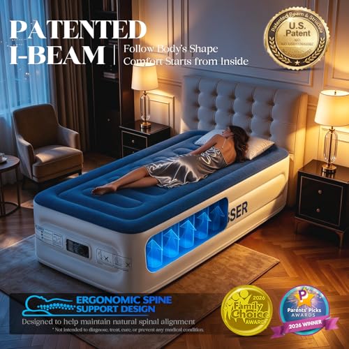 VOSSER Twin Air Mattress with Built-in Pump,Fast & Easy Inflation/Deflation Inflatable Mattress, Foldable Blow Up Mattress with Storage Bag, Inflatable Bed for Home, Camping & Guests - color: Blue, size: Twinxl 18''(comfort Height)
