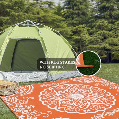 Pauwer Waterproof Outdoor Rug 6x9, Reversible Plastic Straw Patio Camping Rug, Indoor Outdoor RV Mat Carpet for Deck, Camper, Porch, Balcony, Backyard, Picnic, Boho Orange - color: Boho Orange, size: 6' x 9' (Rectangular)