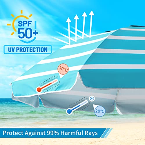 Beach Umbrella - Beach Umbrella for Sand Wind Portable with Tilt Pole, 6.56 FT Arc Length 5.9 FT Diameter, Heavy Duty Wind Resistant Striped Large Umbrellas, UV 50+ Parasol with Anchor Screw Adjustable Height
