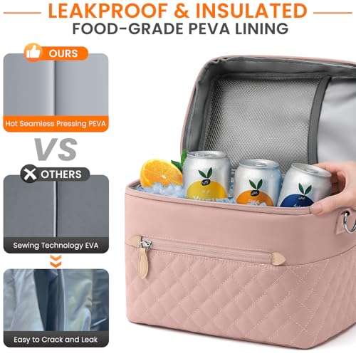 Tenot Insulated Lunch Box for Women Reusable, Leak Proof Cooler Lunch Bag Women for Work Stylish Quilted Lunch Tote Bag for Adult Picnic Travel Hiking Pink - color: Pink