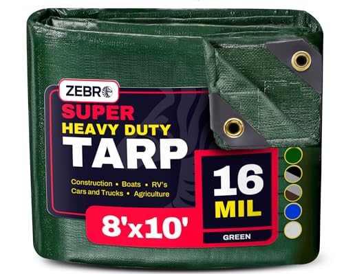 8' x 10' Green Heavy Duty Tarp with Grommets Reinforced - 16 Mil Thick - Double Sided Plastic Tarps Waterproof - Large Tarpaulin Cover for Outdoor Camping Over/Under Tent Tarp RV Roof Rain - Zebro - color: Green, size: 8' x 10'