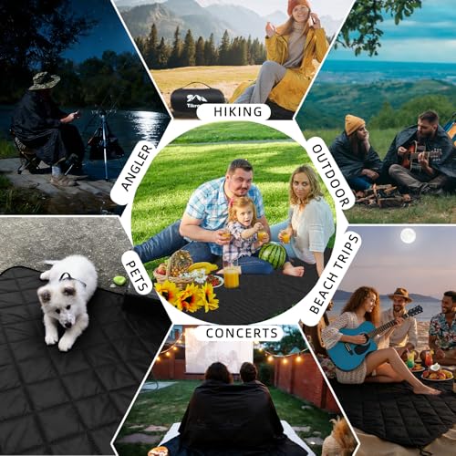 Large Waterproof Outdoor Camping Blanket, 80 x 58 inch Fleece Picnic Blankets Windproof Travel Stadium Blanket for Beaches Pets Car Camp Picnic Mat for Both Cold & Warm Weather - color: Black