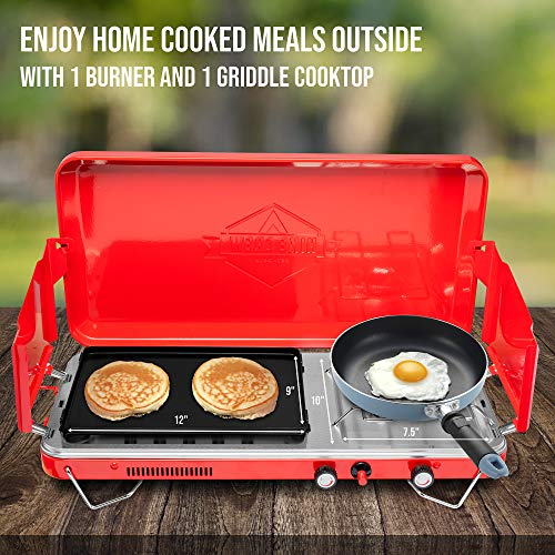 Hike Crew 2-in-1 Gas Camping Stove and Griddle, Portable Propane Burner w/Integrated Igniter & Stainless Drip Tray | Built-in Carrying Handle, Foldable Legs & Wind Panels | Includes Regulator - color: Red