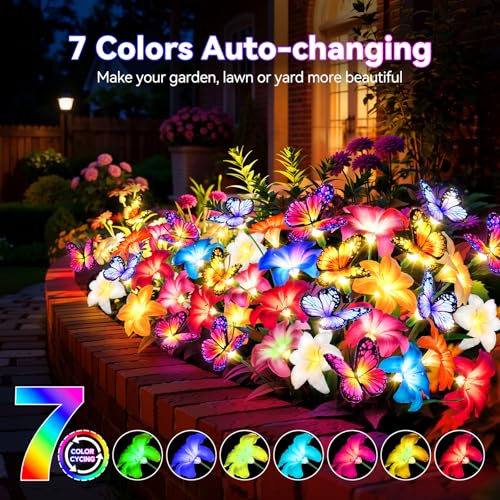 Ahaorigin Solar Garden Lights Outdoor, 4 Pack Blooming Lily Solar Flowers with Butterfly Outdoor Waterproof, 7 Color Changing Bigger Flower Lights for Yard Patio Decor, Gift for Mom - size: Lilies Flowers - 4pc-B