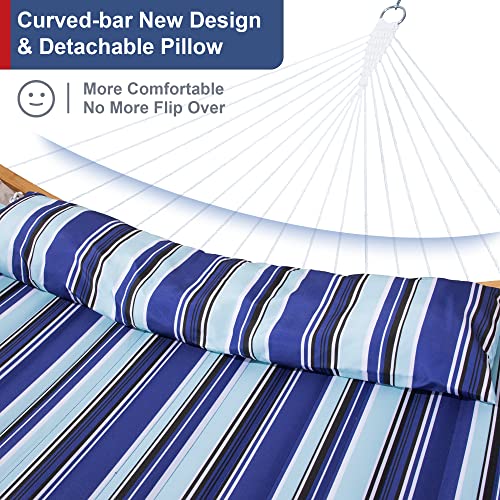 12 Ft Hammock with Stand for Outside, 2 Person Hammock Freestanding with Curved Spreader Bars, Pillow and Portable Bag, Heavy Duty 450 Lbs, Blue Stripes - color: A-blue Stripes