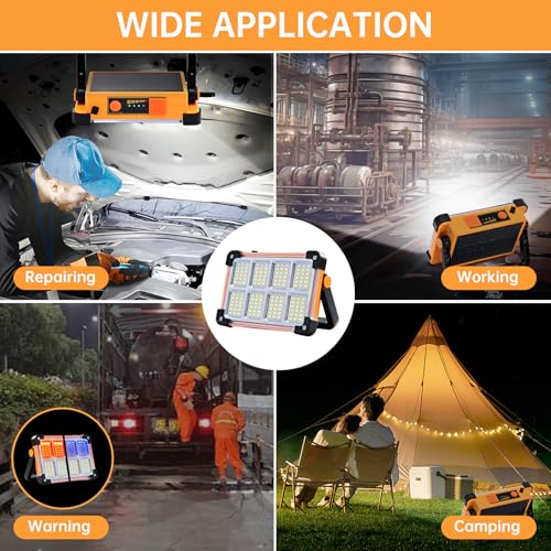 Rechargeable Flood Light - 10000LM LED Portable Work Light with Stand, 6600MAh Job Site Flashlight Spotlight for Car Repair,Camping, Emergency - Solar Hand Held Lamp IP66 Waterproof 4 Modes - Yellow