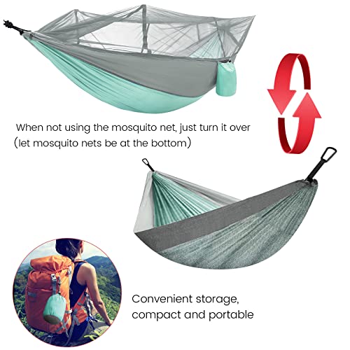 Camping Hammock with Mosquito Net & Rain Fly Tent Tarp & Tree Straps Portable Strong Nylon Hammock Parachute Tent w/Storage Bag for Camping Hiking Backyard Outdoor Backpacking Travel - color: Mint Green