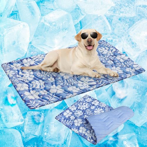 BEAUTYZOO Upgrade Dog Cooling Mat Extra Large, Reversible Self-Cooling Mat for Dogs, Thicken Pet Ice Cool Pad Blanket for Summer Kennel Sofa Bed Floor Car Seat, Machine Washable&Foldable, 59"x40" - color: Hawaii Blue, size: 59.0"L x 40.0"W x 1.0"Th(XL)