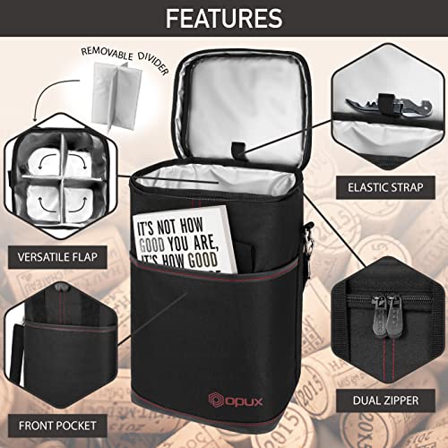 Opux 4 Bottle Insulated Wine Cooler Bag - Leakproof Padded Portable Wine Bottle Carrier for Travel Picnic BYOB Gift (Black) - color: Black, size: 4 Bottle