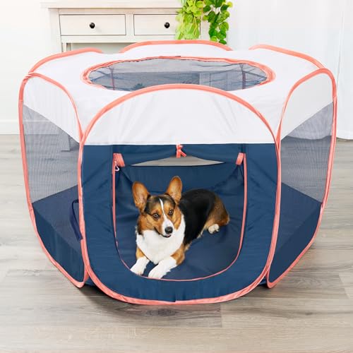 Furhaven Portable Playpen for Dogs and Cats, Pet Playground,Kennel Foldable Indoor Outdoor Zippered Puppy & Kitten Crate - Navy, Large
